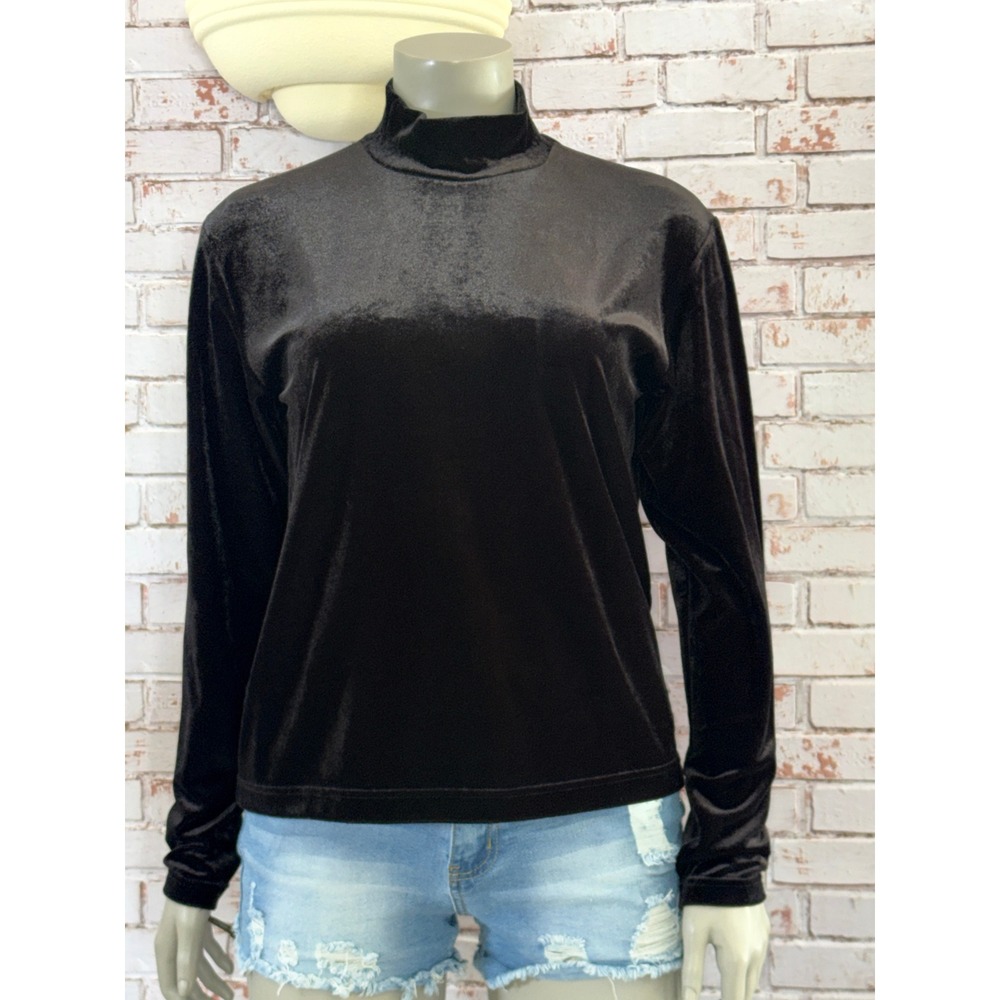 Vintage Bushwacker Black Crushed Velvet Mock Neck Top Long Sleeve XL Retro